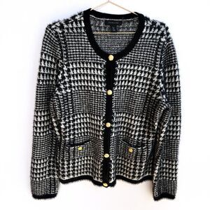 Tahari Black White Glitter Sparkle Long Sleeve Gold Button Cardigan Sweater L